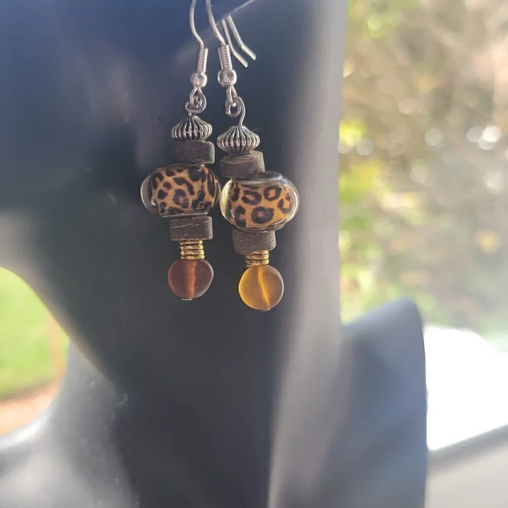 Handmade Earrings With Cheetah Print, Sea Glass,& Wooden Beads Etc, Wirewrapped